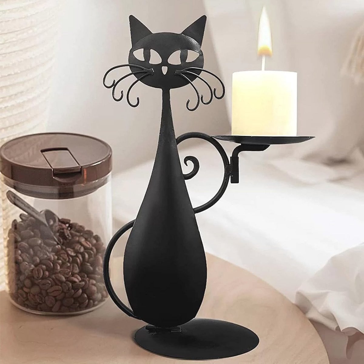 Zwarte Kat Kandelaar met Dienblad - Vintage Theelichthouder voor Romantische Decoratie