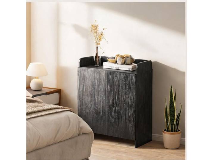 Armoire à chaussures 12 paires 4 compartiments ouverts et placard double porte noir 83x30x90 cm