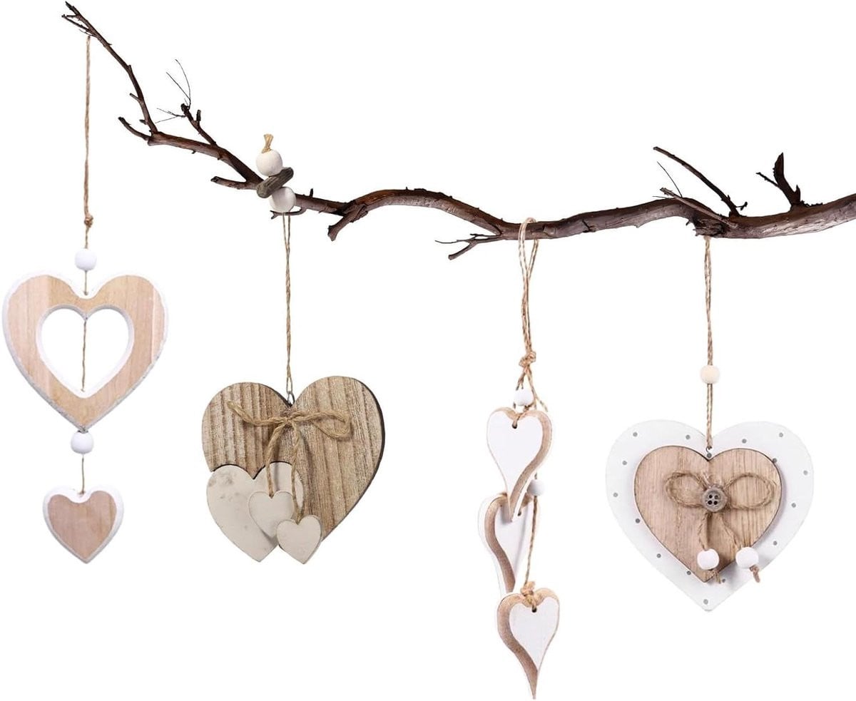 Ronte Houten hangers met hartmotief - Set van 4 - Decoratieve raamdecoratie
