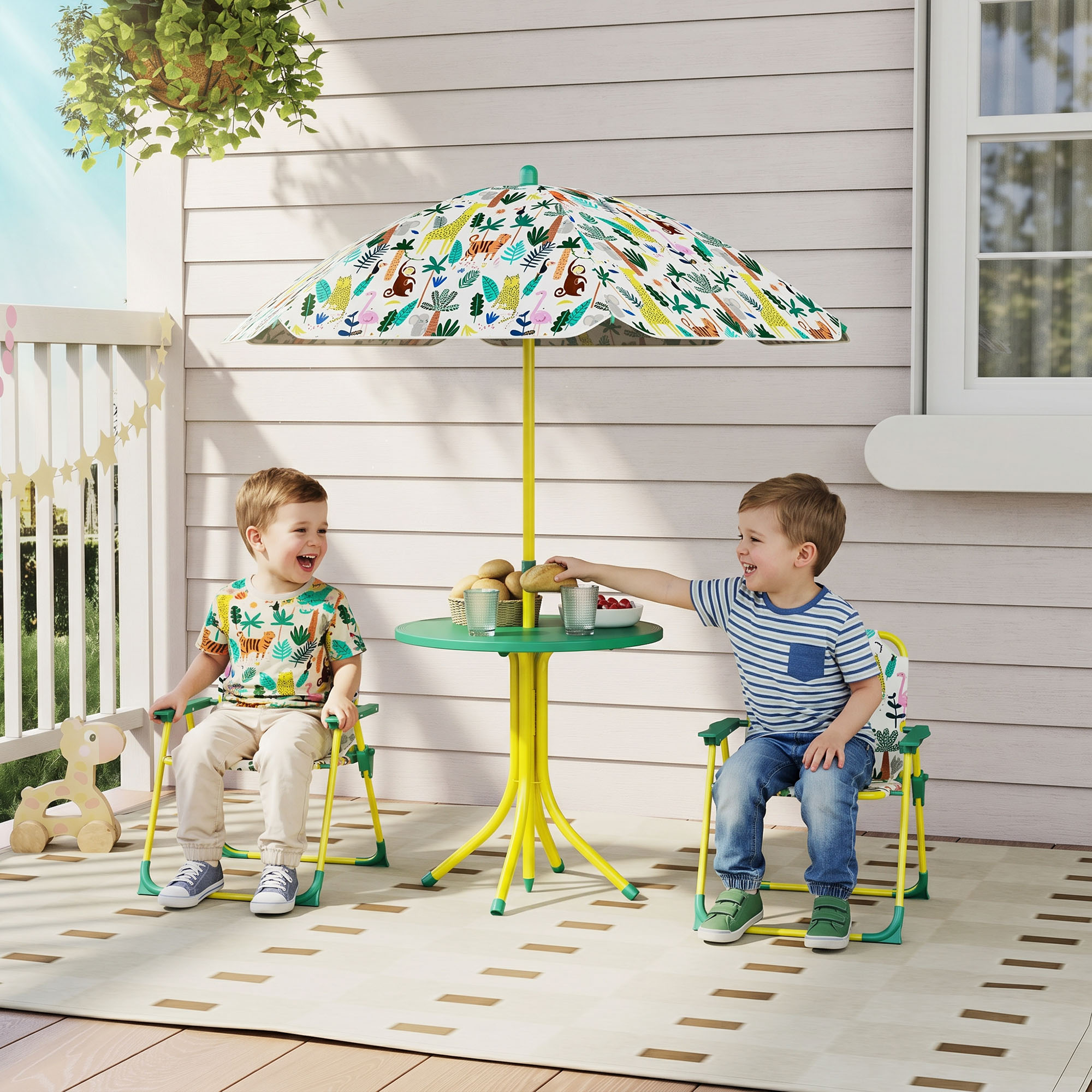 Aiyaplay Set da Giardino per Bambini a Tema Giungla con 2 Sedie Pieghevoli, Ombrellone e Tavolino Rotondo, Multicolore   Aosom Italy