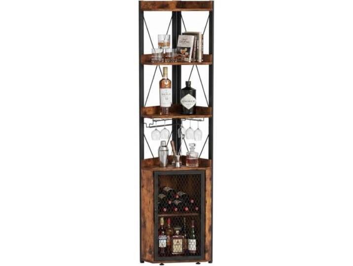 XPJYUA Eck Barschrank 5-stufiges Industrie-Eckregal mit Kippschutz Aufbewahrungs-Bücherregal mit Weinregal und Glashaltern, freistehendes Bücherregal-Ausstellungsregal(Color1)