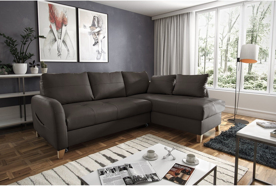 Latitude Run Alvaretta Leather Corner Sofa with Sleeping Function and Underseat Storage Brown 87cm H X 227cm W X 168cm D