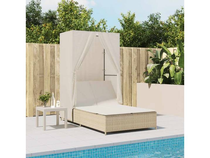 Chaise longue double avec toit et rideaux beige résine tressée 368103
