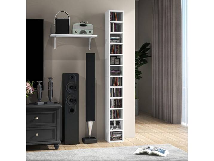 Étagère de rangement - Tour 12 niveaux - 204 CD - 21×20×175 cm - Blanc anti-basculement
