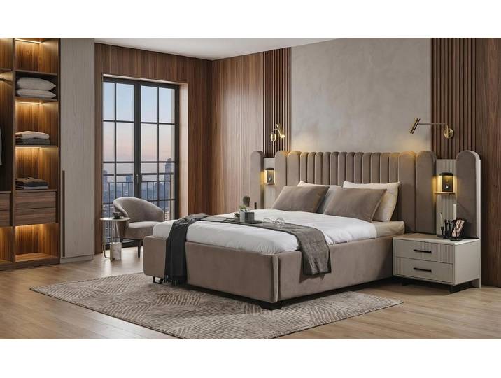 JVmoebel Schlafzimmer-Set Schlafzimmer Set Bett Nachttische Modern Beige Edel Luxus Polsterbett, (Schlafzimmer Set, 3-tlg., 3-tlg)