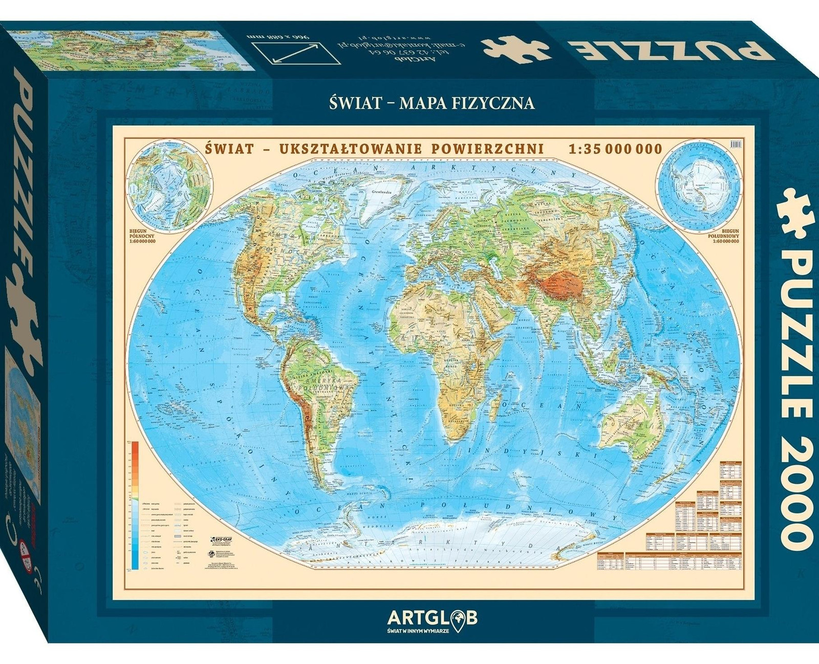 ArtGlob Puzzel van 2000 stukjes Wereldkaart Fysieke kaart schaal 1:35.000.000