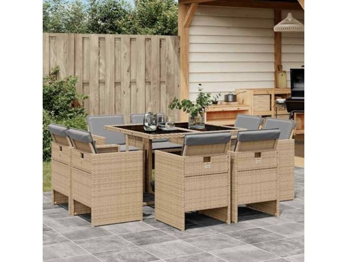 KTHLBRH 9-teiliges Gartenmöbel-Set, Glastisch 110 cm Polyrattan Beige Gemischt, 8 Klappstühle, waschbare Kissen, geeignet für Terrasse