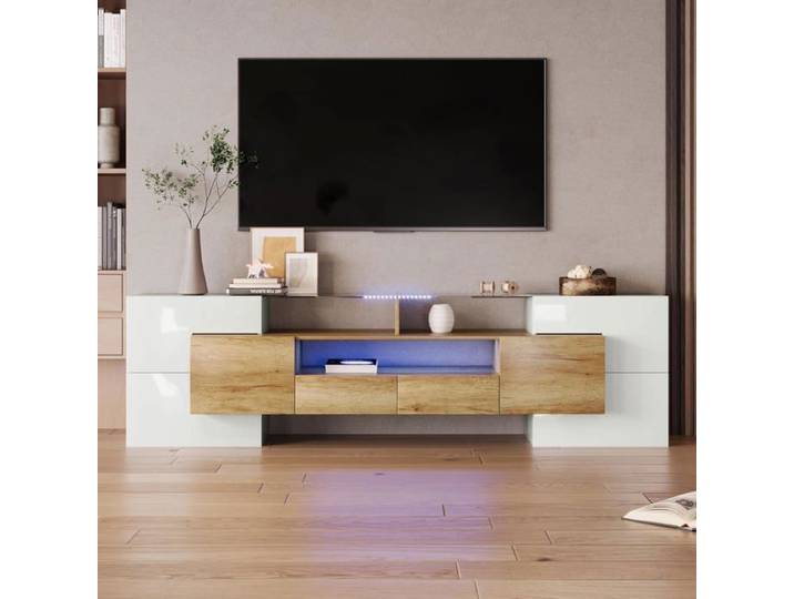 Meuble TV 200 cm - Élégant meuble TV bas - Brillant avec éclairage LED - Meuble de salon - Design moderne Surface en verre élégante