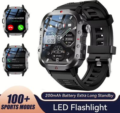 Friendly Fresh Finds Rugged Military Smart Watch For Men Outdoor Bluetooth Call HD Touch Screen Smartwatch black