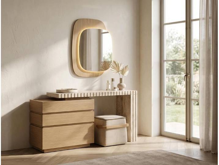Xlmoebel Schminktisch Beiger Schminktisch mit Wandspiegel und Hocker im modernen Stil, Made in Europa