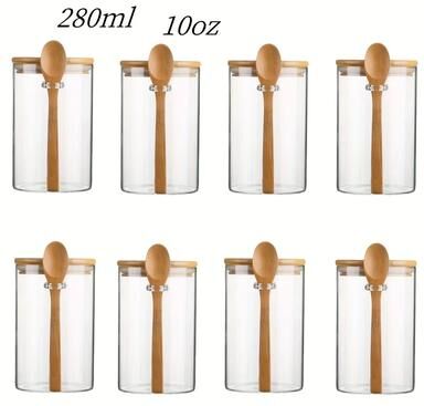 DynamicDeals 280ml Candy Jar Airtight Glass Storage Jar With Sealed Bamboo Lid And Spoon 10oz Transparent Biscuit Jar For Kitchen 8pcs