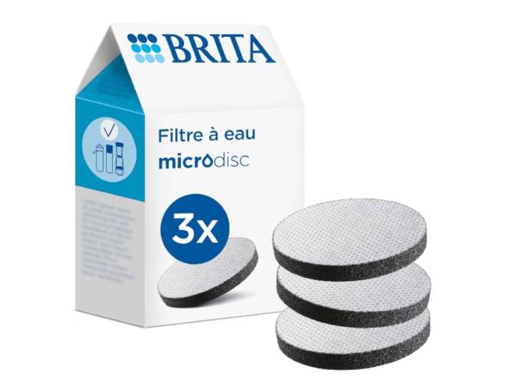 BRITA MicroDisc Filtres à eau pour bouteilles filtrantes\, Pack de 3 Compatible avec bouteilles et gourdes filtrantes BRITA - réduit* des impuretés comme certains PFAS** et pesticides