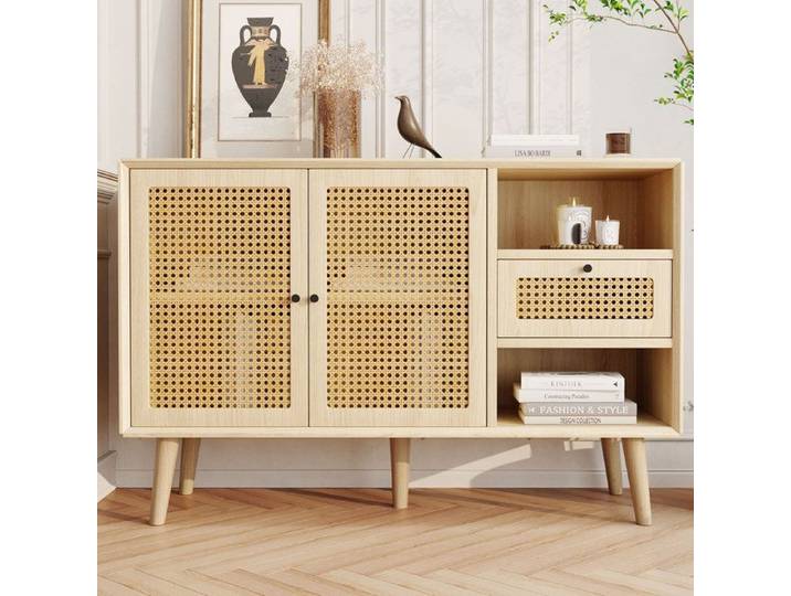 LPOSPI Buffet bois avec 1 tiroir 2 portes cannage rotin poignées dorées - étagères réglables - 120x40x80 cm - chêne