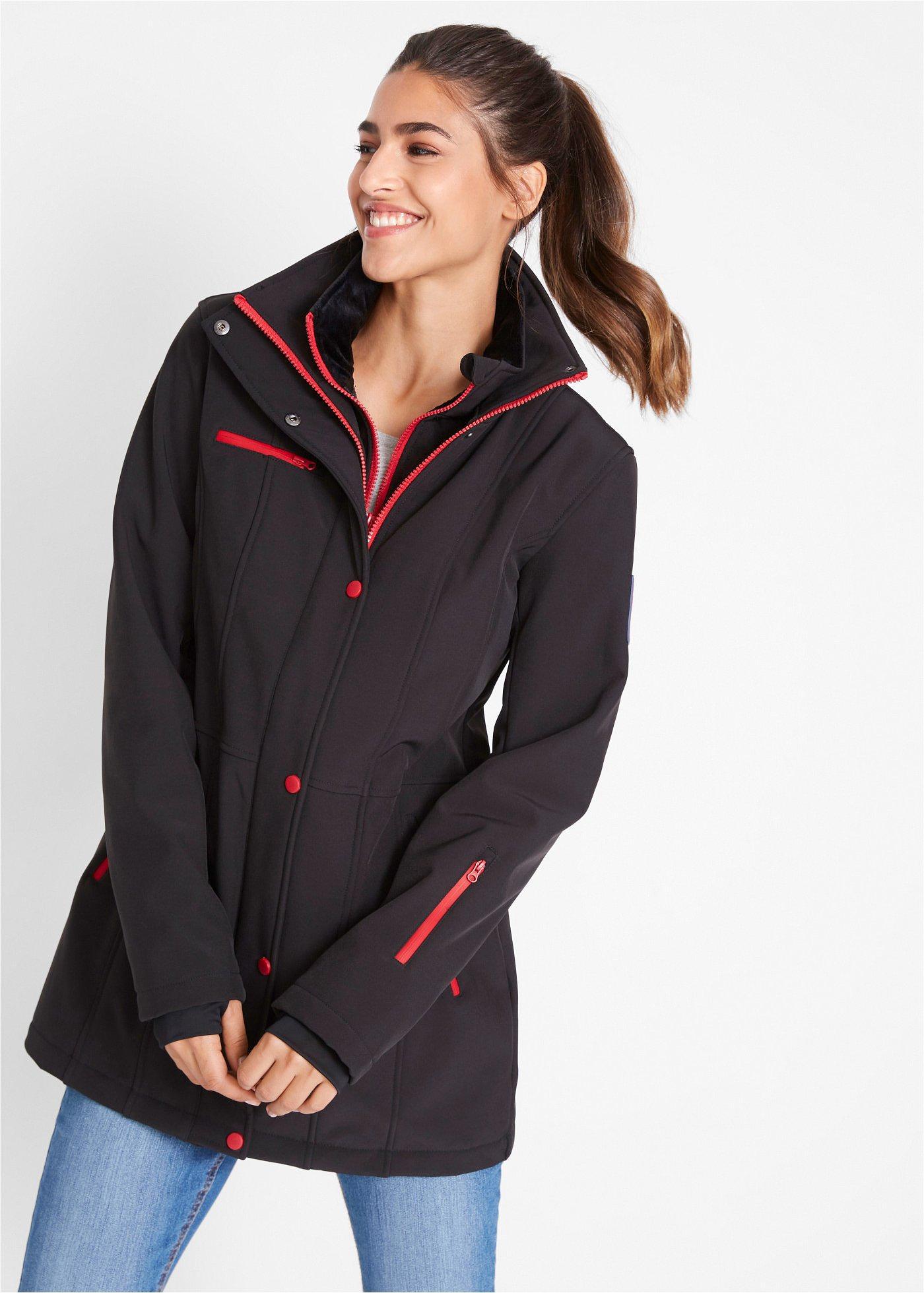 bonprix wasserabweisende Stretch-Softshell-Longjacke, schwarz, Gr.54, Ansprechende Softshell Übergangsjacke mit Windschutz-Leiste, aus Softshell