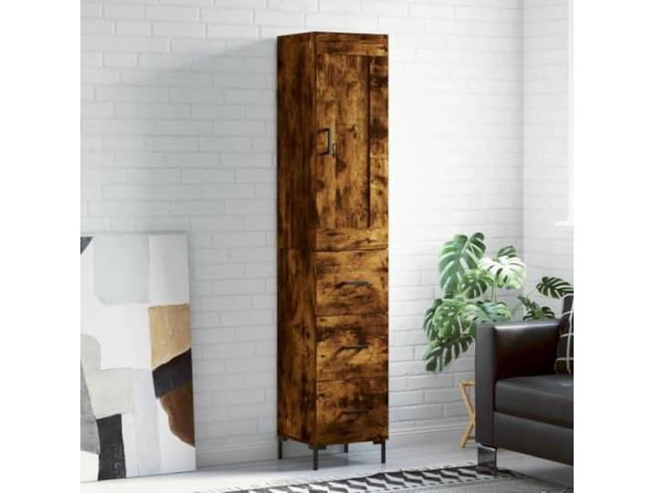 RJPLMFV Anrichte hoch, rauchfarbene Eiche, 34,5 x 34 x 180 cm, Holz Flügeltür, Füße aus Metall, Wandbefestigung inklusive, Aufbewahrung für Wohnzimmer