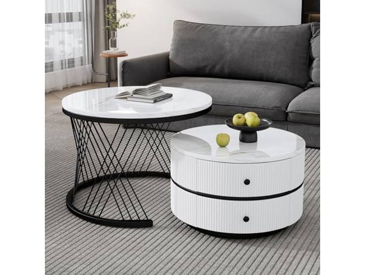 Elegantes 2-teiliges. weißes Couchtisch-Set in Nestform. 60*60*46cm & 50*50*31cm. runde Tische mit hochglänzender Marmoroptik. 2 Schubladen. bis 30kg belastbar.Nesting-Kombination Couchtisch