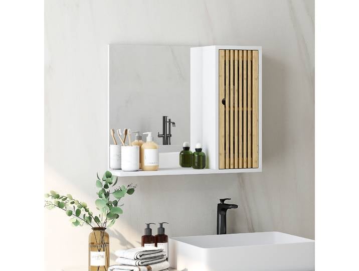HOMCOM Armoire Bambou Blanc avec Miroir et Étagère Réglable