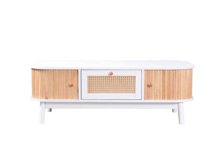 Urban Meuble Couchtisch weiß & holz-optik mit rattan-schublade & massivholz-schiebetüren, Weiß, 1 Schubladen, Oval,Oval, 110x38.5x55 cm, Wohnzimmer, Wohnzimmertische, Couchtische