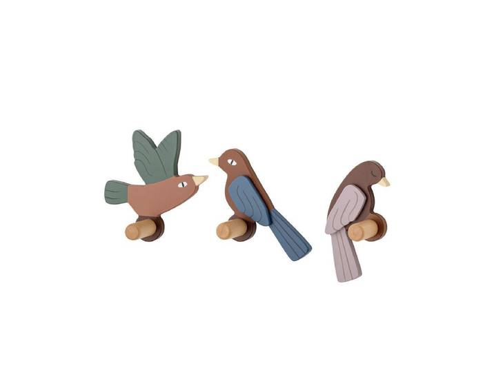 Kinder-Garderobe Avi - Vogelhaken aus Holz 3er-Set - Bunt - Luxusbetten24