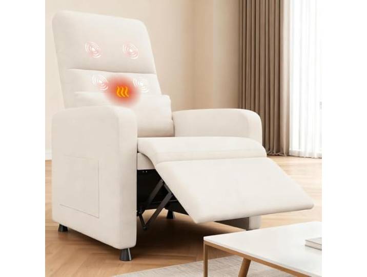 Elektrischer Liegesessel für Wohnzimmer, Massage und Wärme, Weiß Verstellbare Rückenlehne und Fußstütze, Lendenwirbelstütze, Seitentaschen und USB-Anschluss, bequemer Leinenbezug
