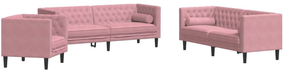 vidaXL Chesterfield 3-delige Loungeset met Bolsters in Roze Fluweel