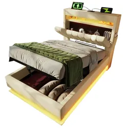 Polsterbett 90x200 mit LED-Beleuchtung und Stauraum – praktisches Design mit Ladefunktion und stilvollem Leinenbezug Beige