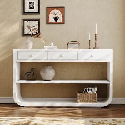 Curved Console Table with Open Shelves, Solid Wood Base for Living Room Hallway