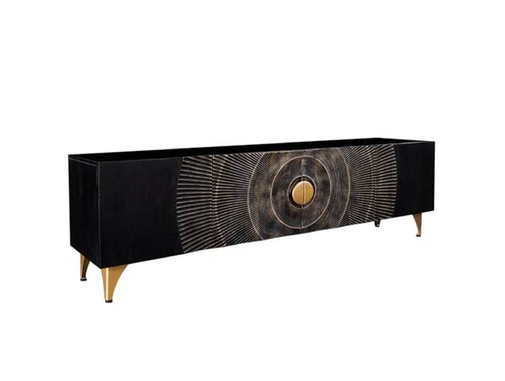 TV-Lowboard GOLDEN SUNSET - 180cm - schwarz gold - Mangoholz Soft Close Handgefertigtes Unikat, montiert geliefert, praktischer Stauraum, hohe Belastbarkeit, stabiles Metallgestell, Soft Close