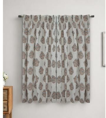 Fabdivine Pleated Curtain Linen Block Print Drapery Panel Green Floral Window Treatment Bohemian Farmhouse Décor, Mohini