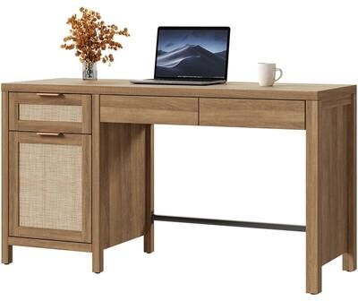 SICOTAS "55"" Boho Rattan Desk with Drawers and Storage Cabinet"