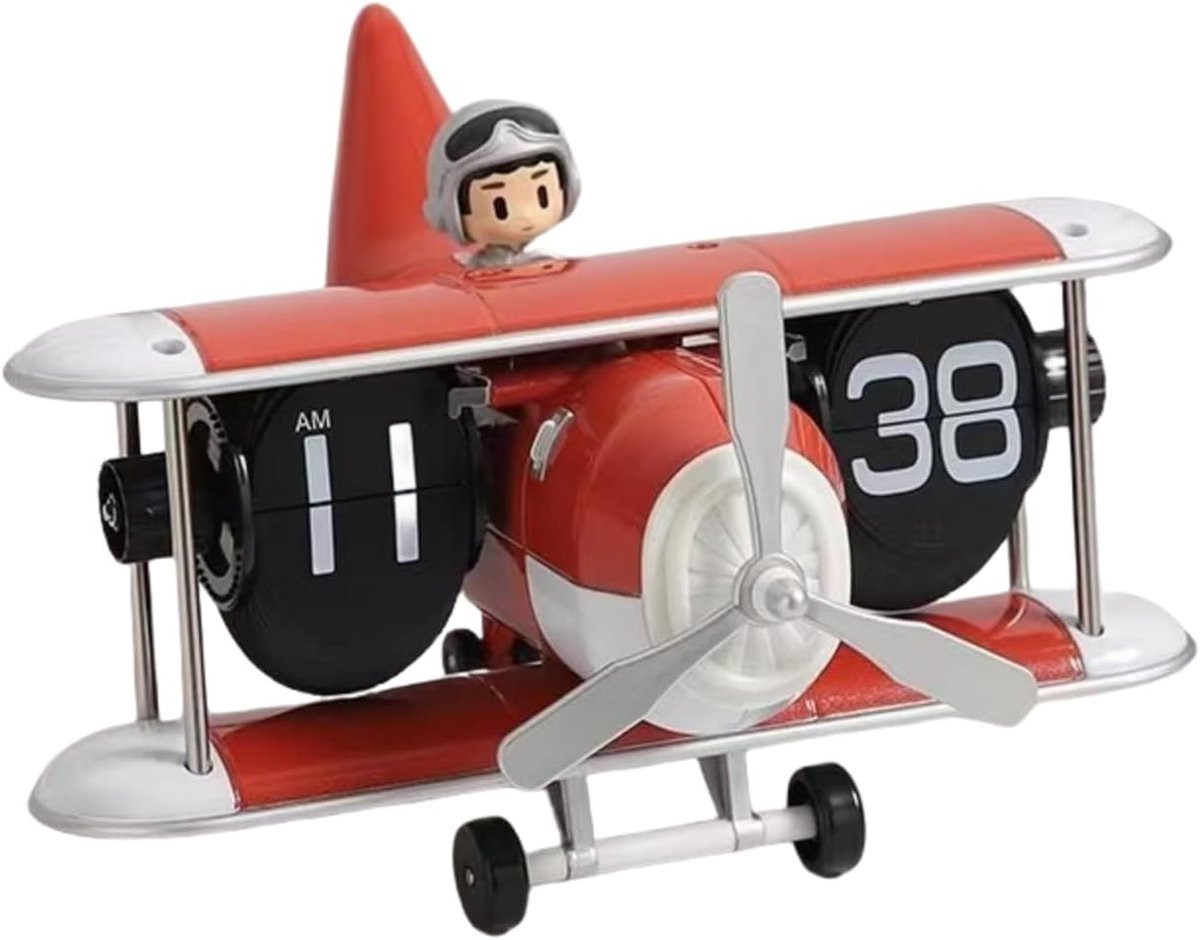 Retro vintage vliegtuig-flip tafelklok met automatisch mechanisme en grote cijfers, rood