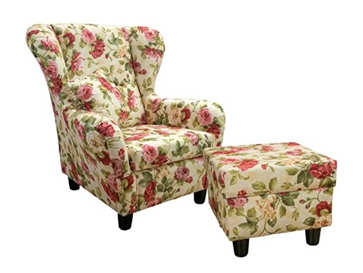 luma-Home 18004/ Ohrensessel mit Hocker im Landhaus-Stil, Blumenmuster bunt