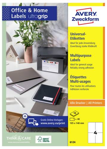 Avery-Zweckform 6124 Universal-Etiketten 105 x 148mm Papier Weiß 40 St. Permanent haftend Tintenstrahldrucker, Laserdrucker