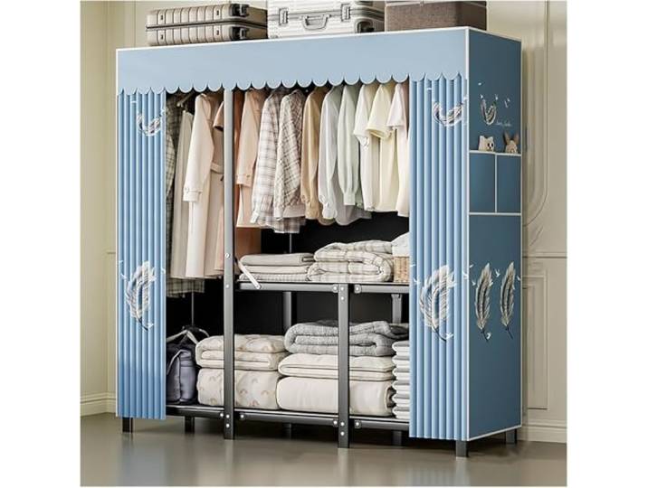 MmcdylyhEU Freistehender tragbarer Kleiderschrank mit Abdeckung – Faltbarer Kleiderständer for Aufhängen von Kleidung, ideal for Schlafzimmer(Blue,168cm/66.1inch)