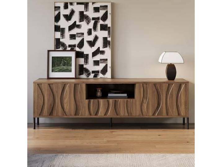 Merax TV-Schrank 160x35x46 cm, mit wellenförmigen Türen, Eisenbeinen & Kabeldurchlässen – modern, Holzfarbe