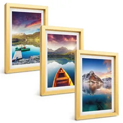BILDER SET 3er Set - 20x30 cm Goldrahmen - Seen, Berge, Boote, Frieden