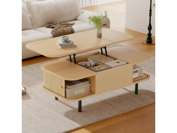 Merax Couchtisch höhenverstellbar 101x51 cm, Natürlich, mit Stauraum Couchtisch mit Liftfunktion, 2 Rolltüren und verstecktem Stauraum zum Arbeiten, Essen oder Entspannen.