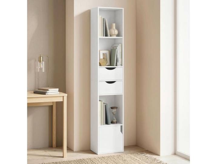 Bibliothèque étroite EVRYAE 30 x 24 x 158 cm 2 tiroirs et rangement fermé bureau chambre blanche