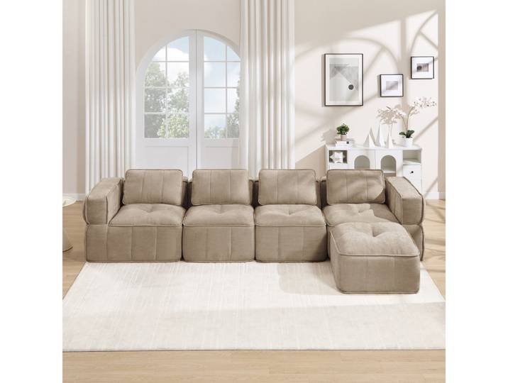 BBWL Sofa 4-Sitzer mit Hocker, 32D-Hochdichteschaum, tiefe Sitzfläche, L-Sofa, modulares rahmenloses Sofa, weicher Polyesterstoff