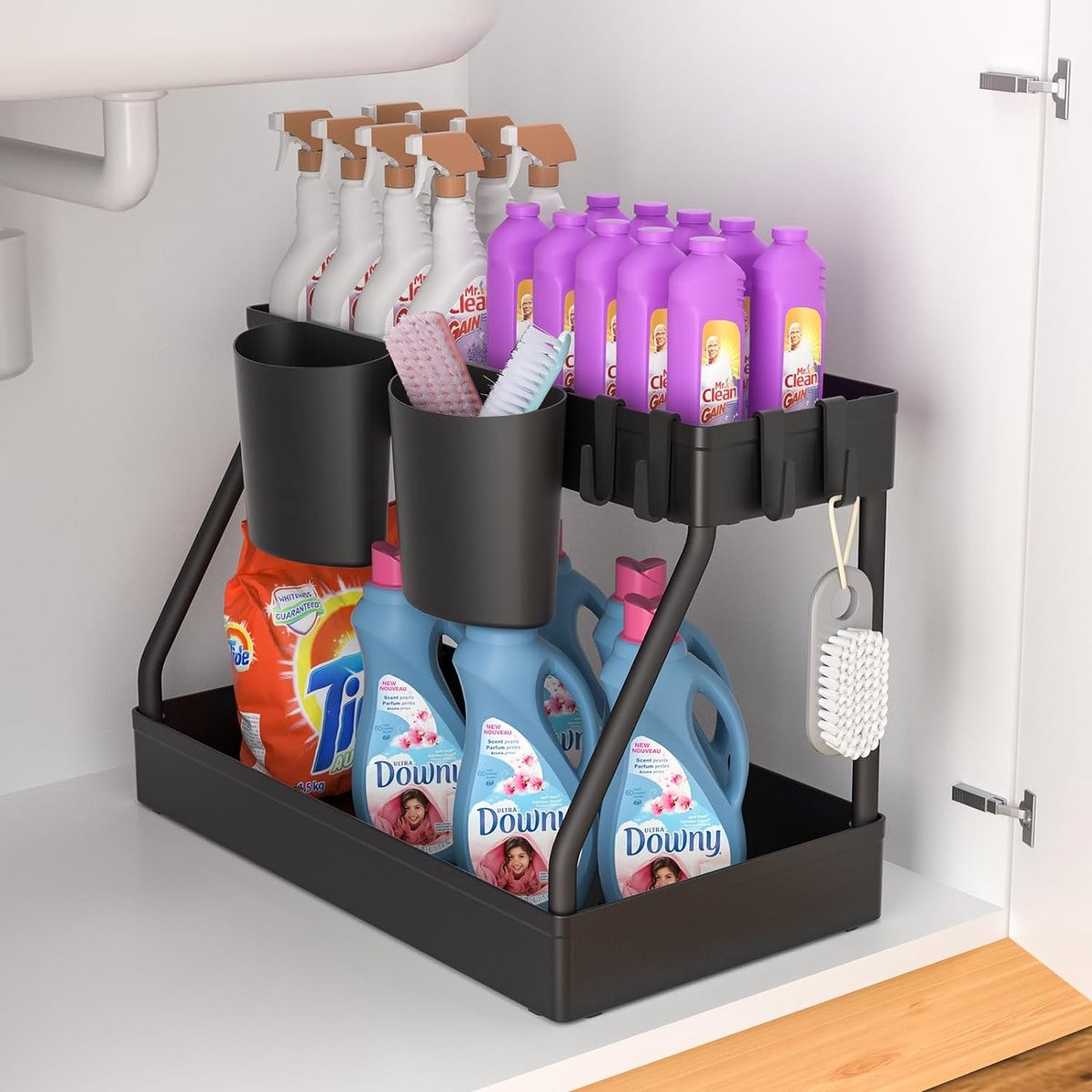 Keukenorganizer met 2 etages, 4 haken, 2 hangbekers en schuiflade