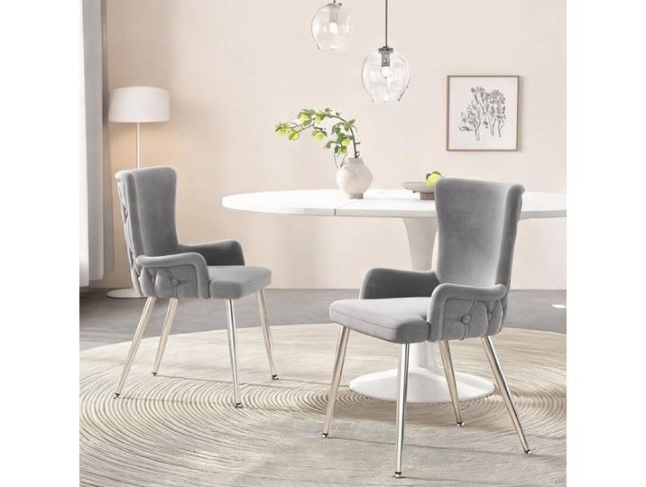 Lot de 2 chaises de salle à manger en velours gris classique pieds métal argenté style moderne et polyvalent
