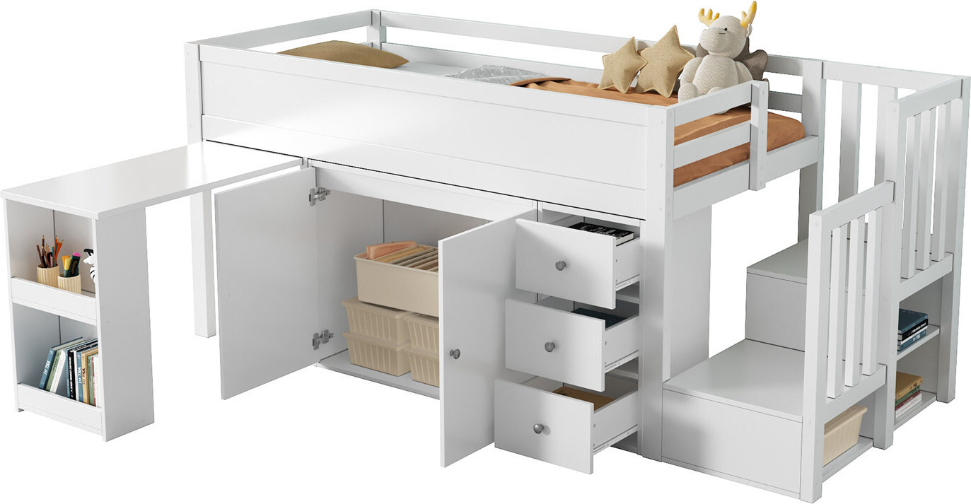 Kinderhochbett,Multifunktionales Kinderbett,Mit Ausziehbarem Schreibtisch Und Seitlichem Ablagefach,Mit Schrank,Schublade,Treppe Und Treppenschrank