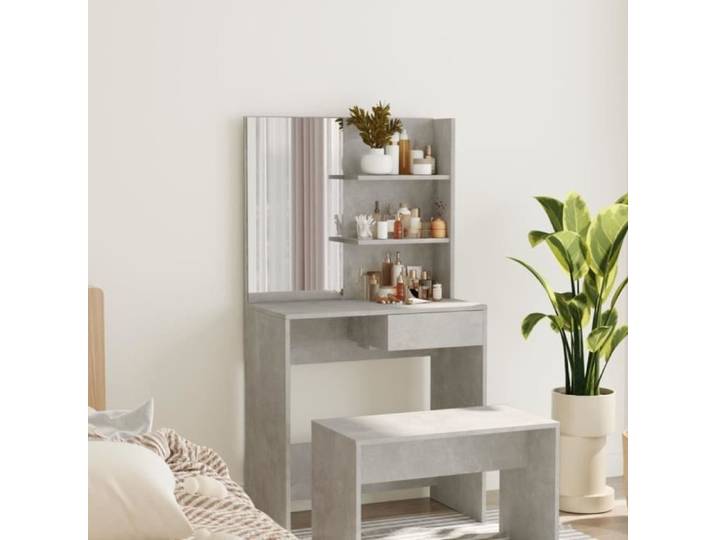 Coiffeuse - ESTINK - Gris béton - 74 5x40x141 cm - Bois d'ingénierie - Miroir inclus