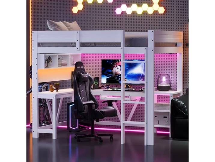 BTM Holz Gaming Hochbett 90x200 mit Schreibtisch, LED und Stauraum, Weiß