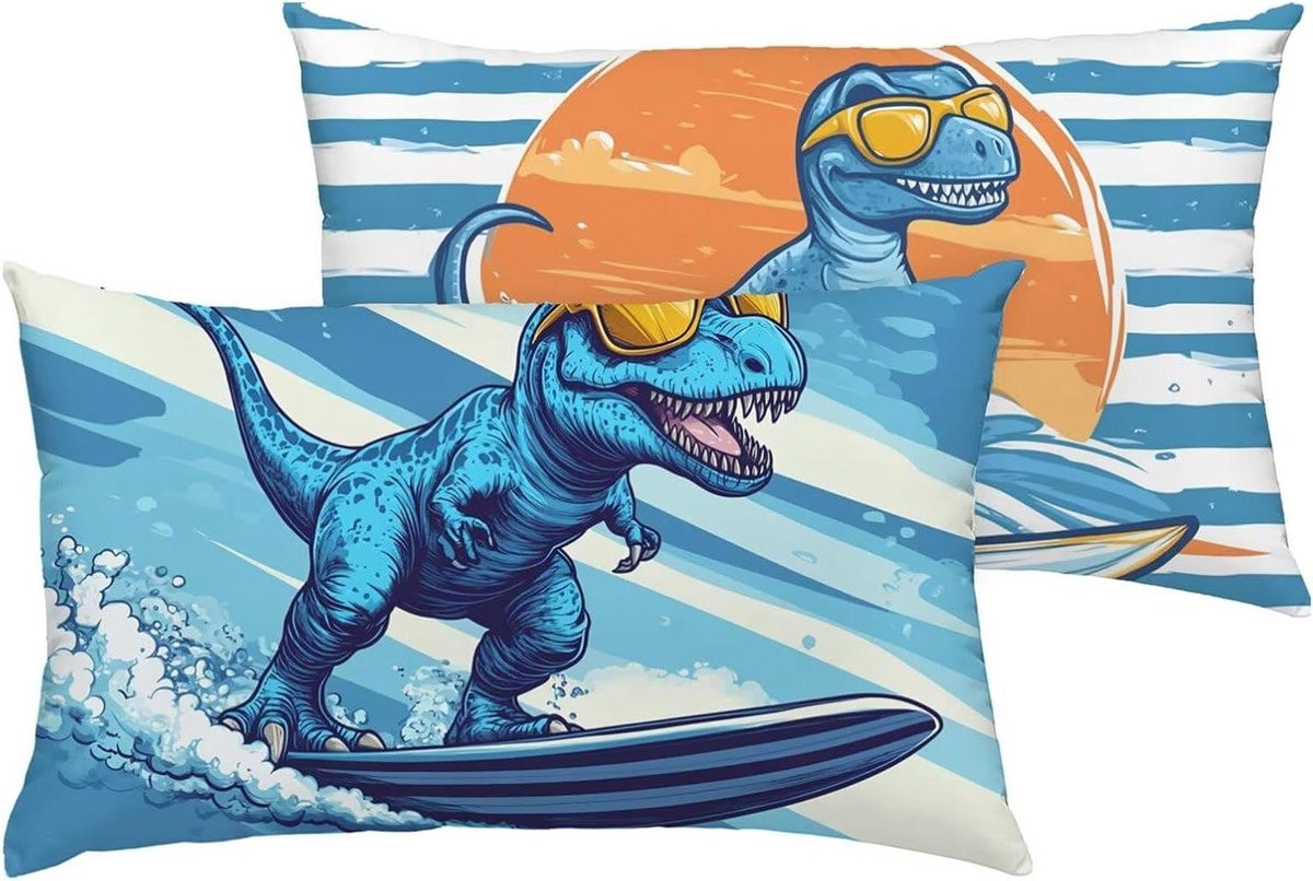 Dinosaurus Kussensloop van Linnen in Blauw - Dubbelzijdig Bedrukt - 70 x 90 cm