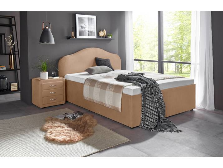Polsterbett, Mikrovelours, Beige, 159×212 cm, Mit Bettkasten, Komfort-Lattenrost, Maintal
