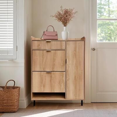 Garvee Oak 2 Drawer Shoe Cabinet with Metal Legs Freestanding Wave Pattern