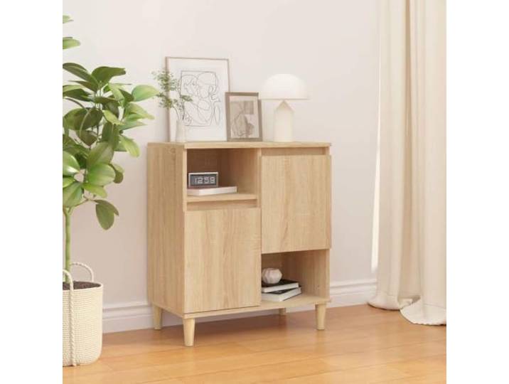 HEFZGDB Stabiles Sideboard mit Wandhalterung gegen Umkippen für Wohnzimmer Schlafzimmer Flur und Büro in Sonoma-Eiche aus Holzwerkstoff mit Eukalyptusbeinen und 4 Fächern sowie 2 Türen