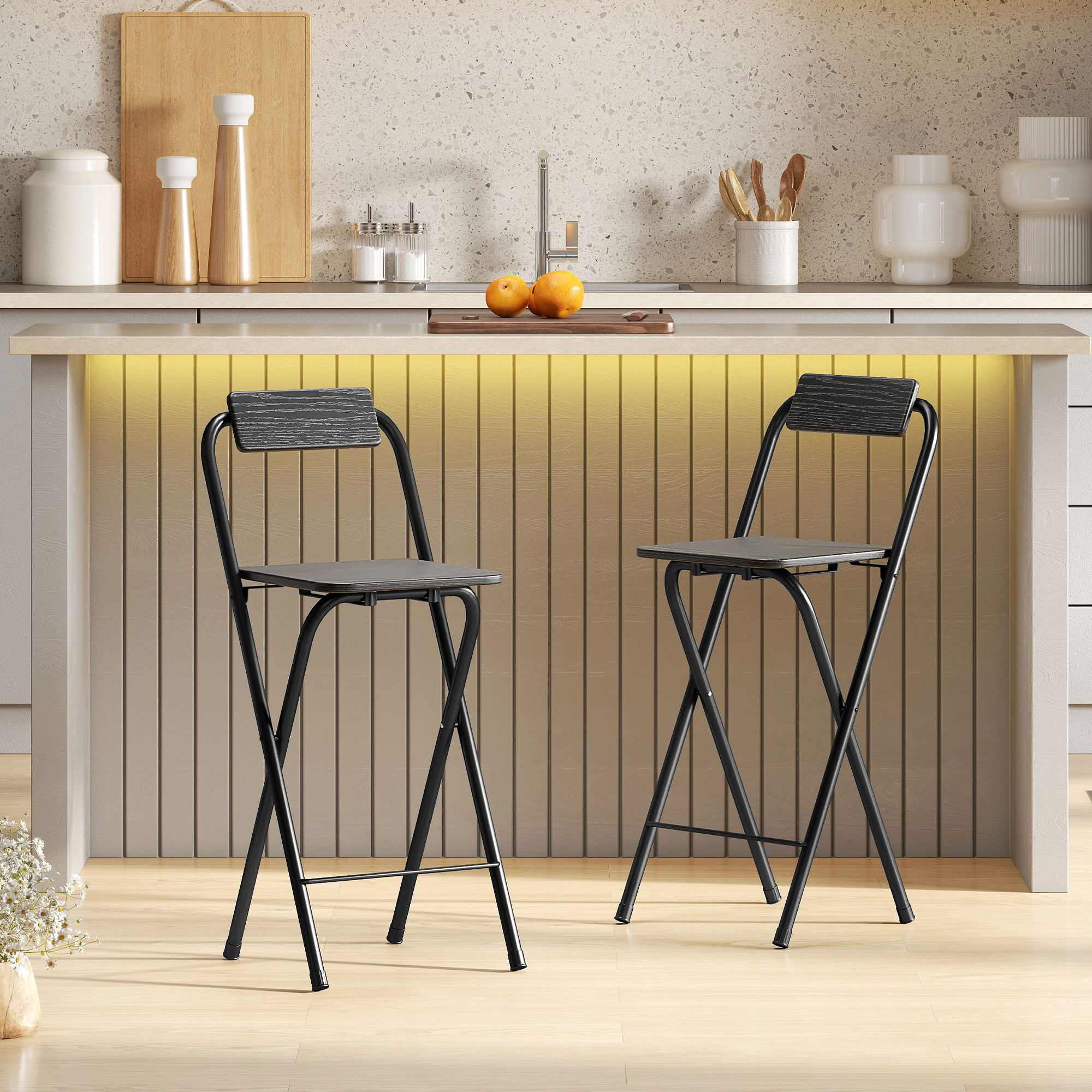 Homcom Set 2 Sgabelli da Bar Pieghevoli con Poggiapiedi, in Legno e Acciaio, per bar, cucine, sale da pranzo e balconi, 37x45x87cm, Nero   Aosom Italy