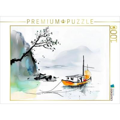 CALVENDO Puzzle Chinesische Dschunke am Ufer eines Sees. Tuschemalerei | 1000 Teile Lege-Größe 64x48cm Foto-Puzzle für glückliche Stunden